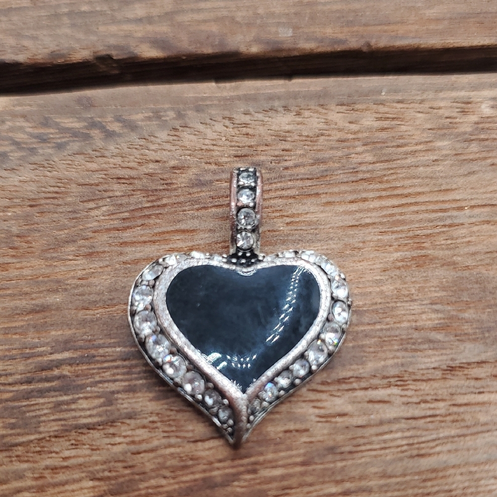 Silver Tone Heart Pendant Charm with Black Center Crystals P411